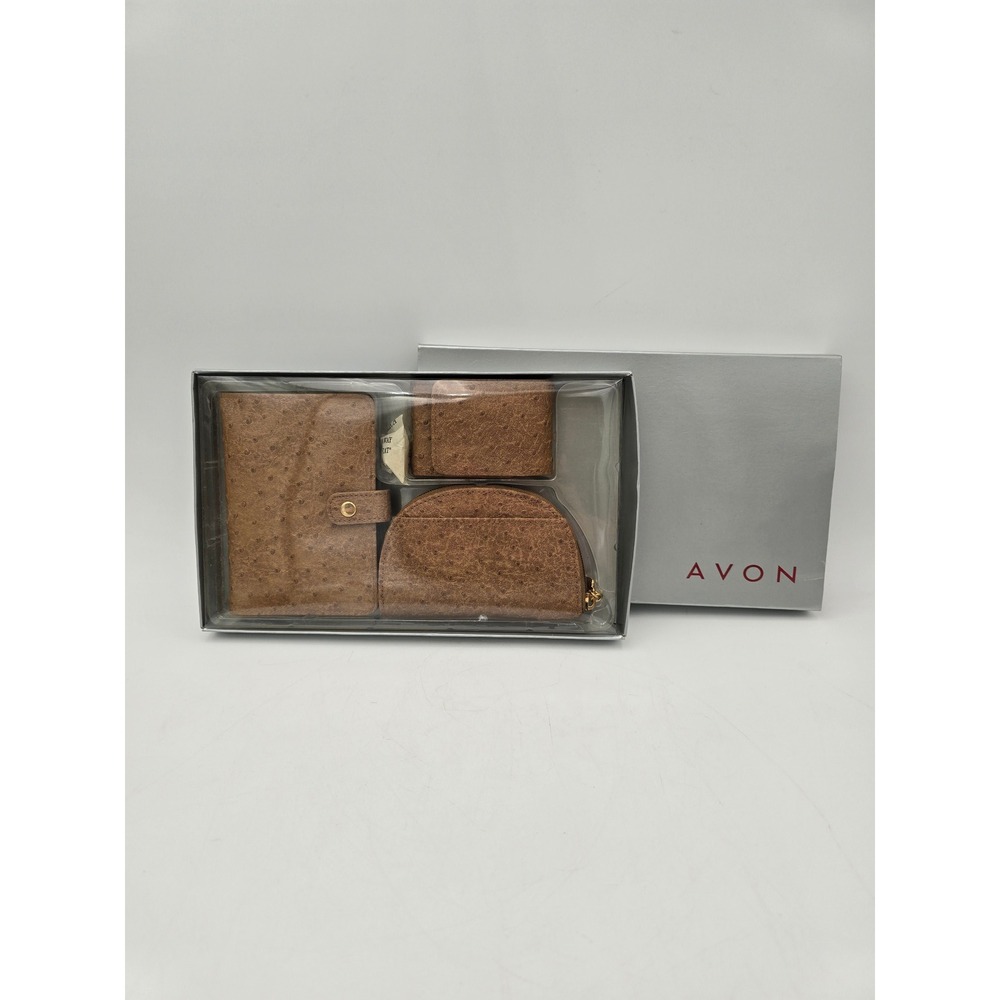 Avon Ostrich-Look Boxed Gift Set Brown Wallet‎ Coin Purse 3 Piece Vintage New